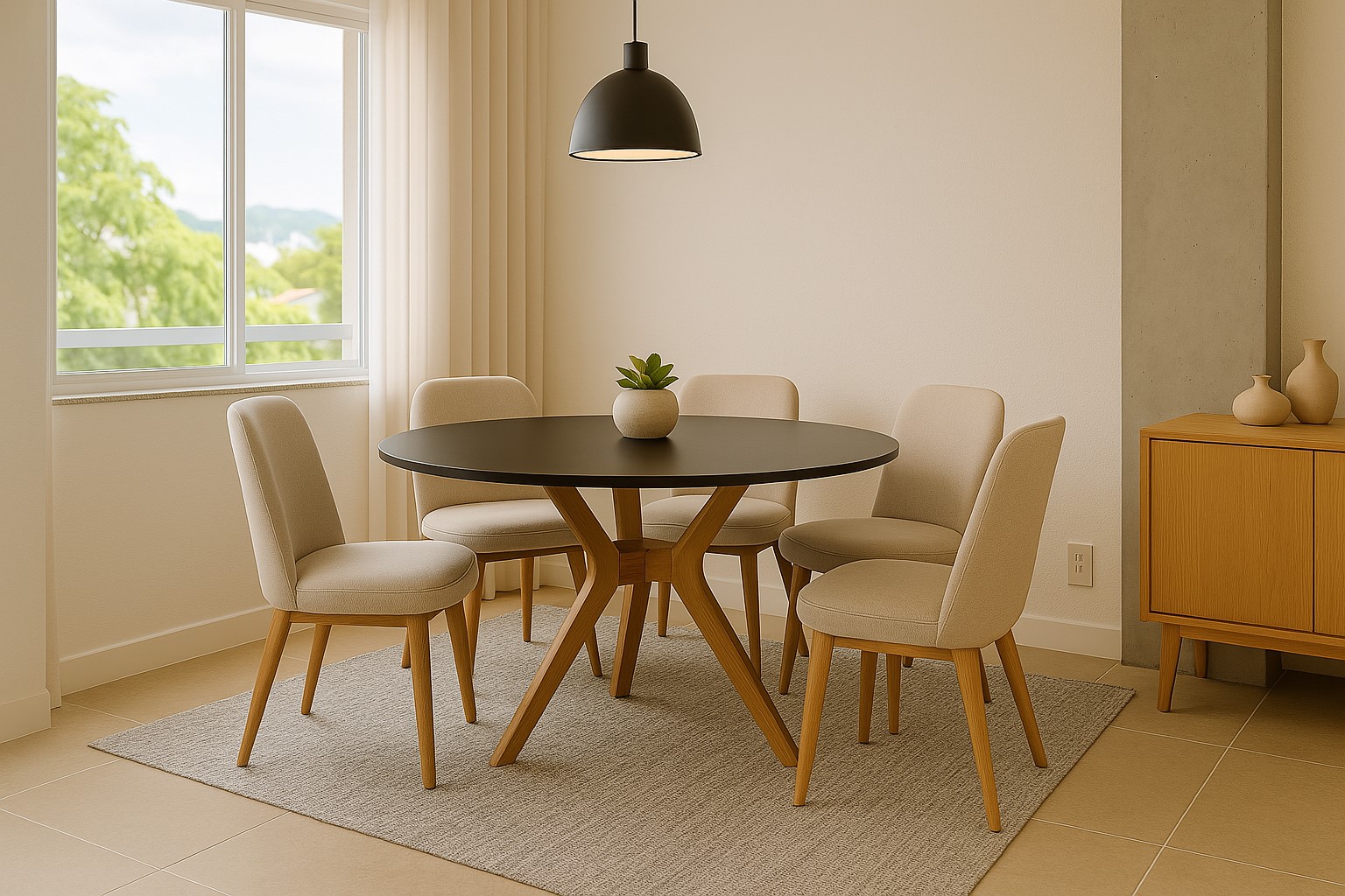 Mesa de jantar redonda preta com cadeiras brancas em uma sala de jantar moderna